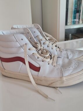 Vans White High-Top Sneakers with Red Logo